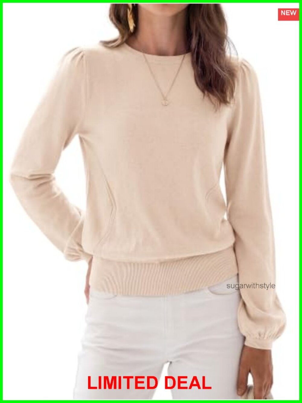 Puff Sleeve Crewneck Pullover Sweater Ruched Shoulder Knit Top